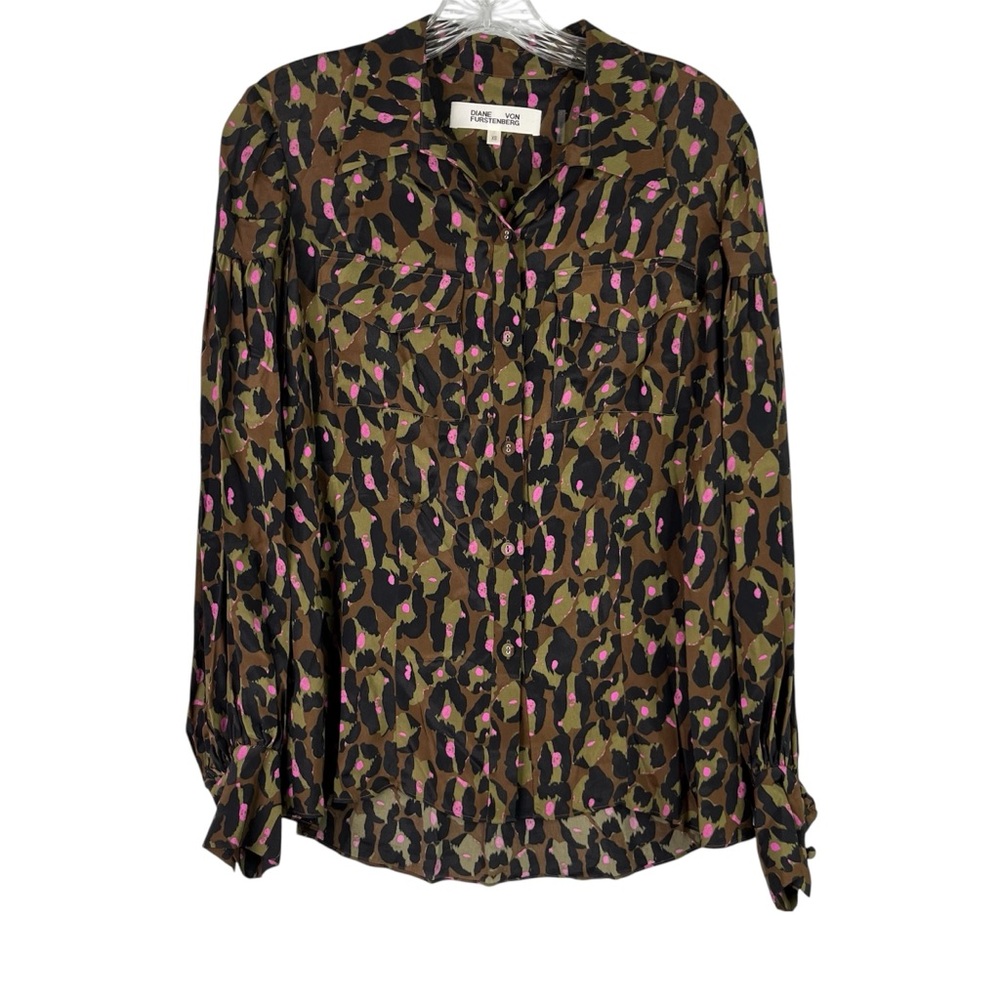 Diane Von Furstenberg Top Women’s XS Button Up Leopard Silk Blend Long Sleeve